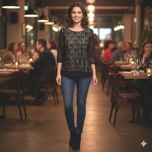 Jessica Holbrook Womens Size Medium Lace Overlay Top Black Sheer Party Date Chic